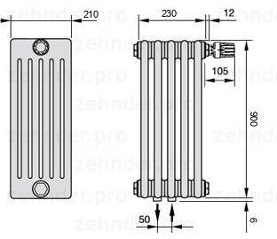Схема (чертеж) Радиатор Zehnder Charleston 6090/5 №V008 Белый глянцевый RAL 9016